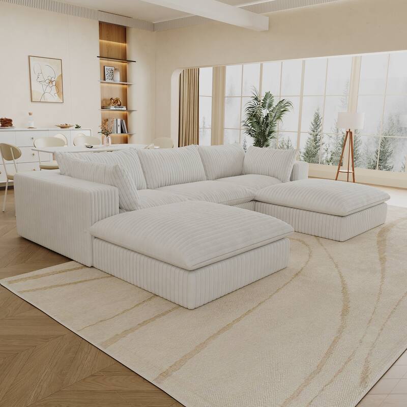 Modular Deep Seat Couch U-shaped Sectional Sofa with Chaise Lounge Corduroy Upholstered Sleeper Sofa Bed with Ottomans