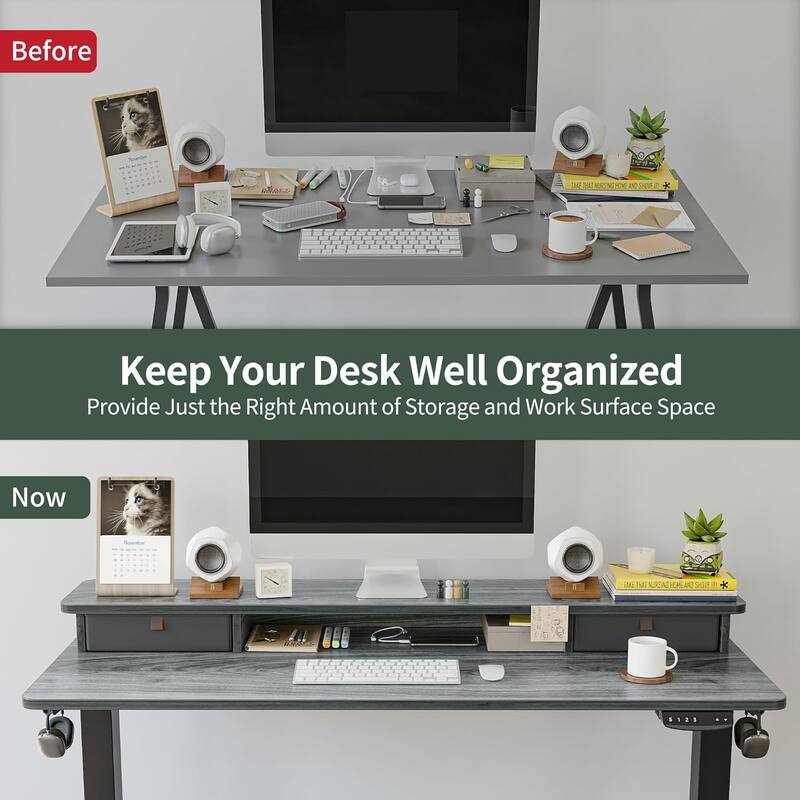 FEZIBO Height Adjustable Electric Standing Desk with Double Drawer, Stand Up Desk with Storage Shelf, Sit Stand Desk