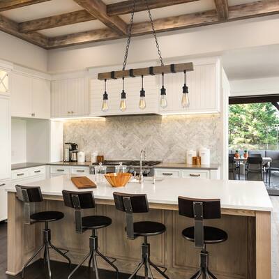 Modern Farmhouse 5-Light Linear Chandelier Wood Grain Metal Island Lights