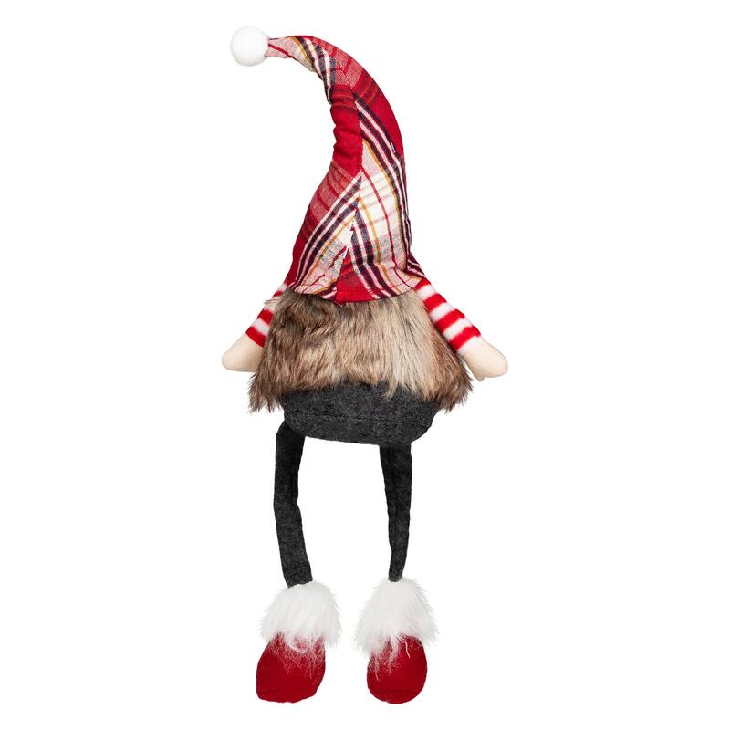 Plaid Gnome with Dangling Legs Christmas Figure - 20.5" - Red, Gray and White