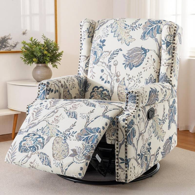 Patterned Linen Swivel Manual Push-Back Recliner Chair - Plants Blue