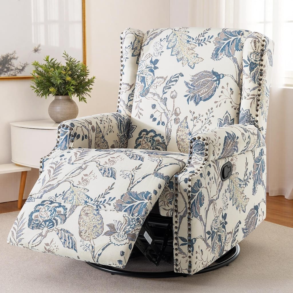 Patterned Linen Swivel Manual Push-Back Recliner Chair
