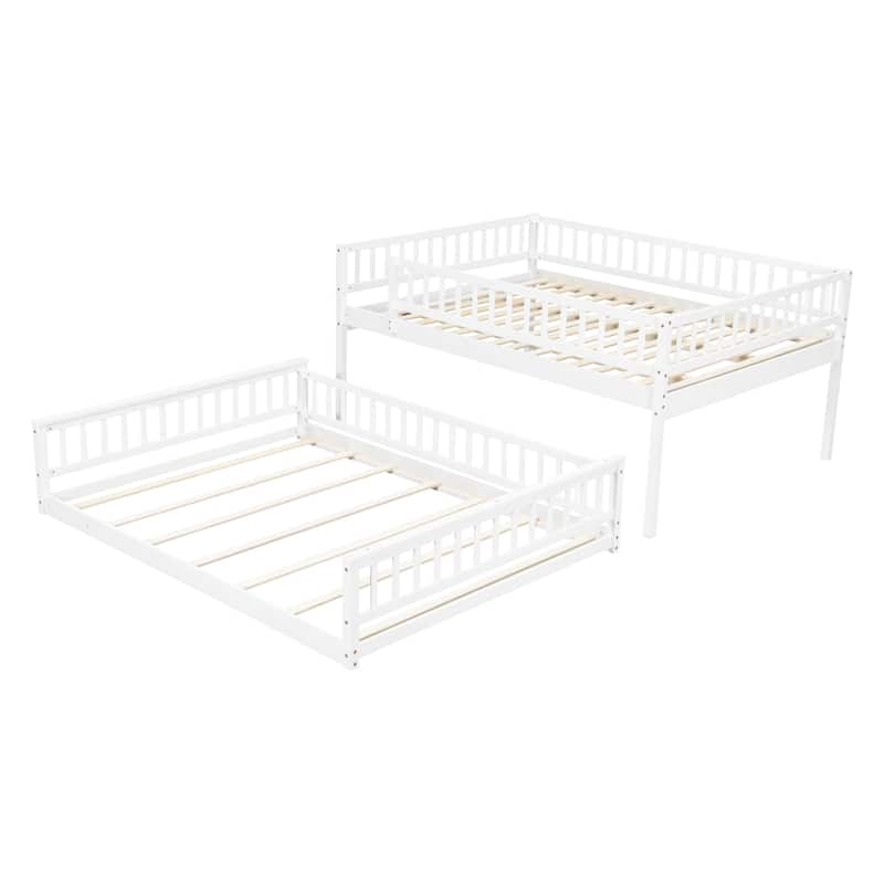 Bunk Bed Frame with Ladder and Guardrails, Detachable Design Wooden Bunk Bedframe into 2 Separate Platform Beds