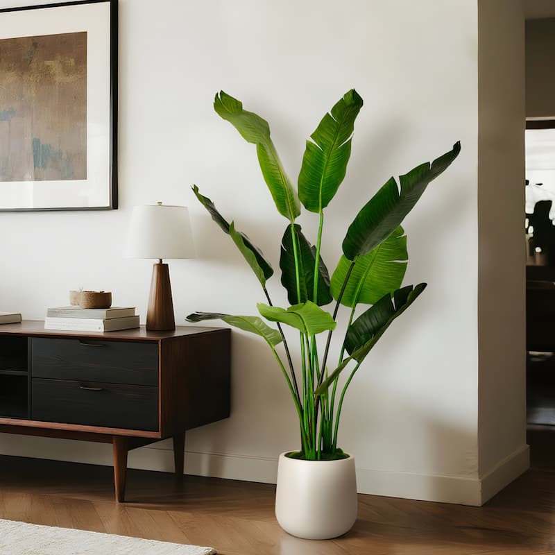Artificial Banana Leaf Tree Bird Of Paradise in White Decor Pot