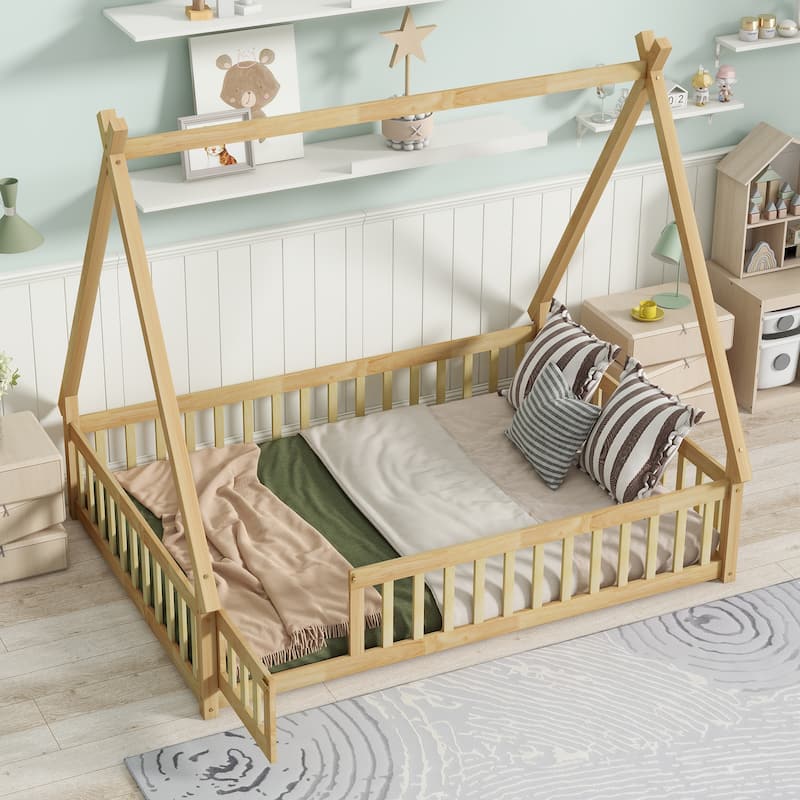 Natural Rubber Wood Full Size Tent-shaped Floor Bed with Guardrails and Door