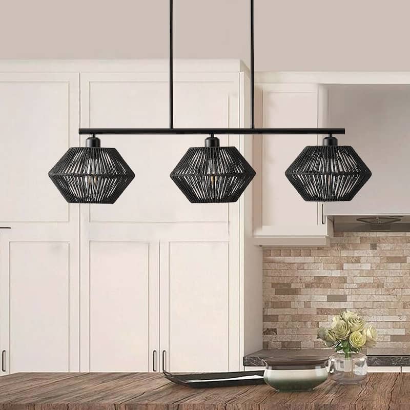 Farmhouse Matte Black 3-Light Chandelier with Paper Rope Lampshade - Black