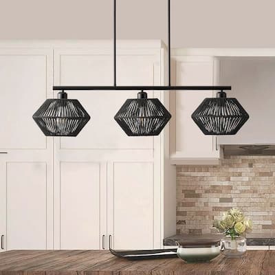 Farmhouse Matte Black 3-Light Chandelier with Paper Rope Lampshade
