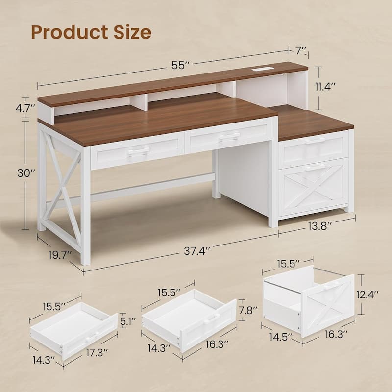 L Shaped Desk 55" Home Office Desk Drawers Storage Shelves