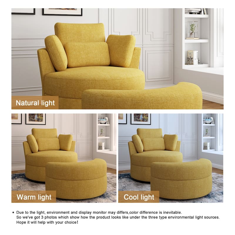 Chenille/Boucle Swivel Barrel Chair with Storage Ottoman