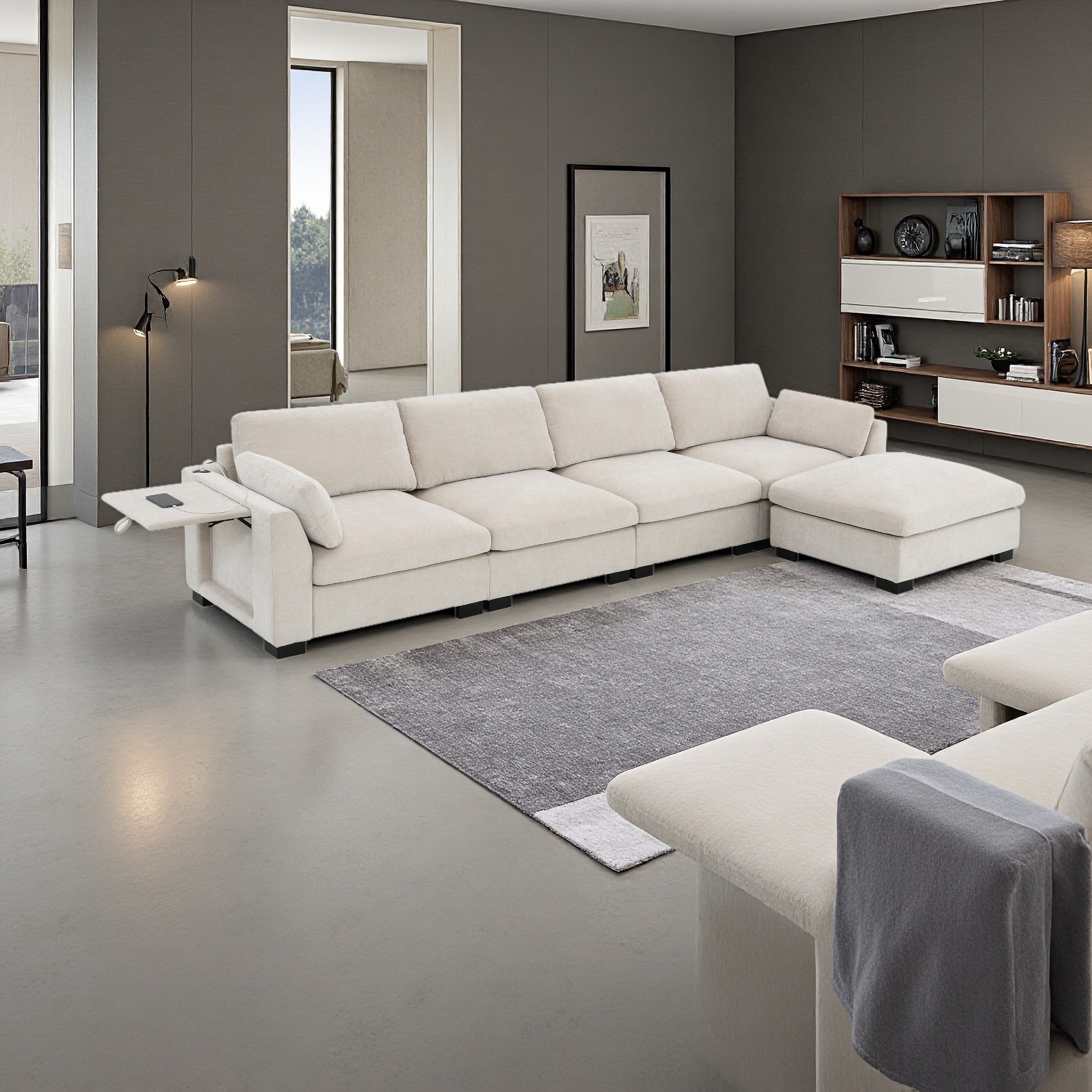 130" Chenille L-Shaped Modular Sectional Sofa with Folding Table & Storage