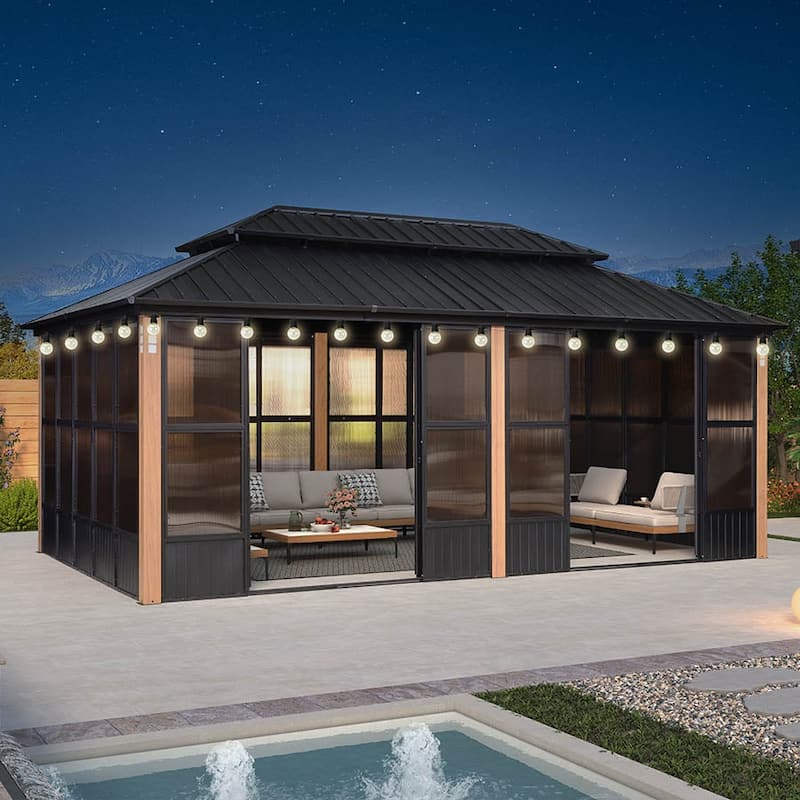 PURPLE LEAF Double Top Outdoor Sunroom Screen House Patio Hardtop Gazebo - 12' x 20' - Black(With Ligths)