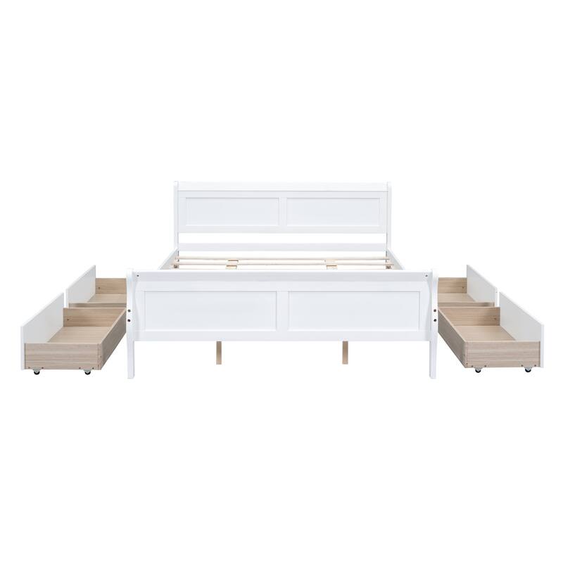 Wood Platform Bed with 4 Drawers and Streamlined Headboard & Footboard