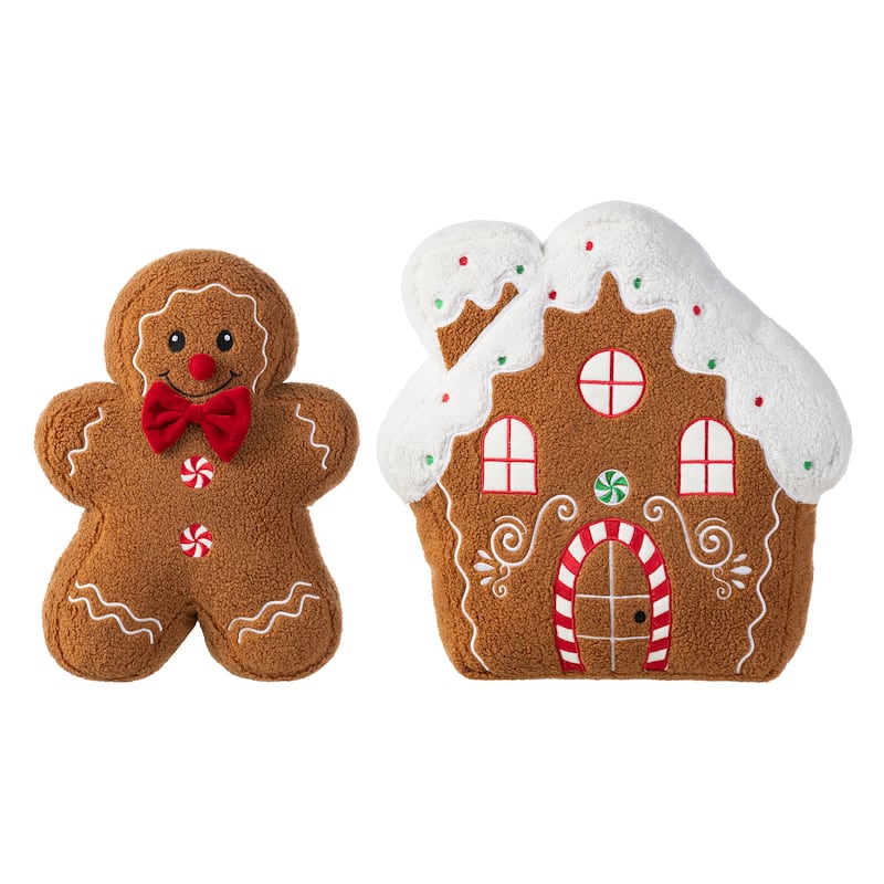 Glitzhome Set of 2 Christmas Gingerbread Man and House Shaped Throw Pillows - Gingerbread Man & House