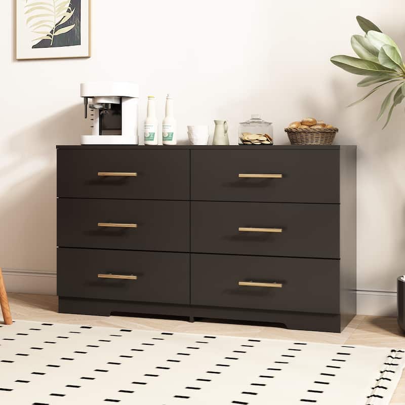6-Drawer Double Dresser, Storage Cabinet with Metal Handle for Bedroom - Black