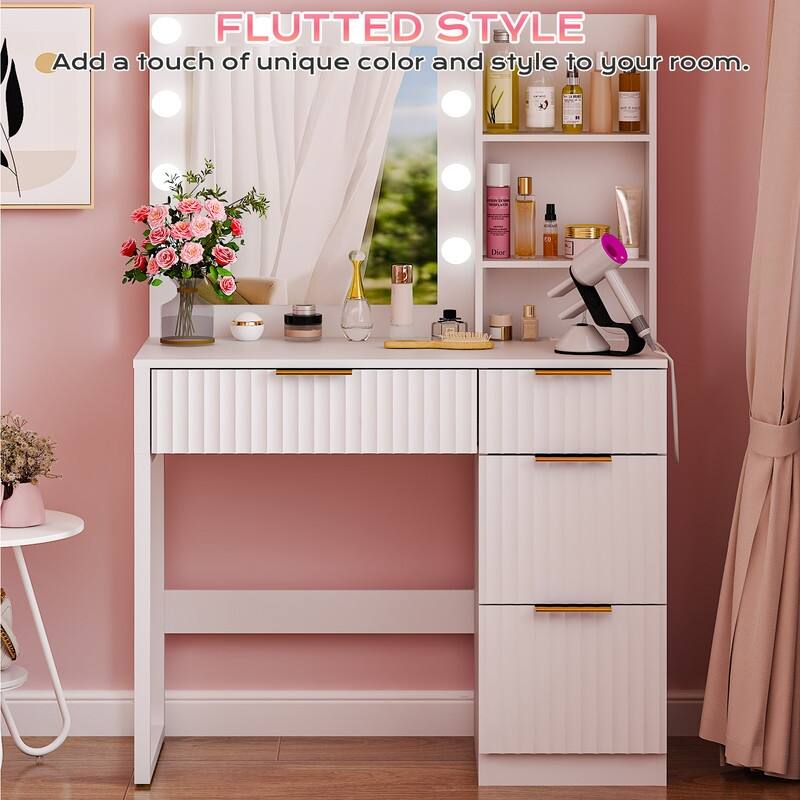 Particle Board Veneered with Textured Melamine 4-drawer 2-shelf with 10 Three-color Dimmable Bulbs Dressing Table - N/A