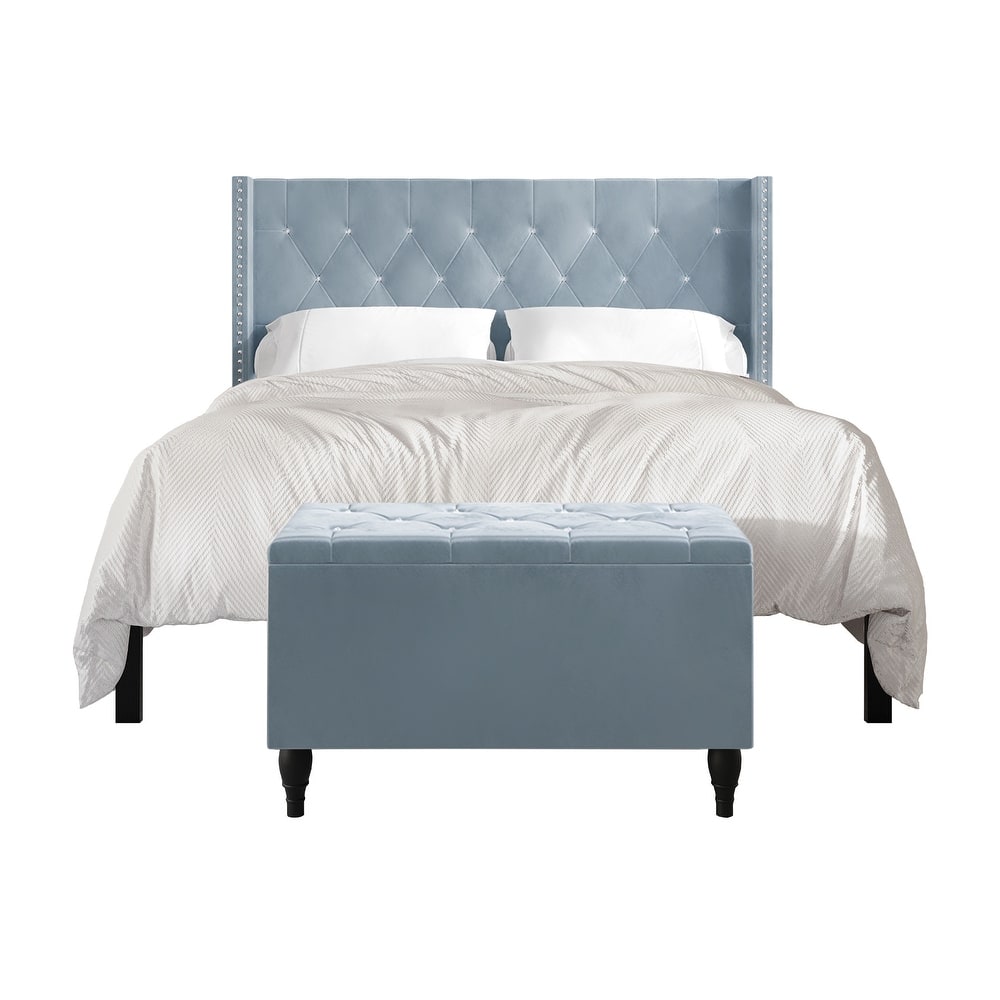 CraftPorch 2 Piece Bedroom Bench Set Velvet Wingback Upholstered Bed