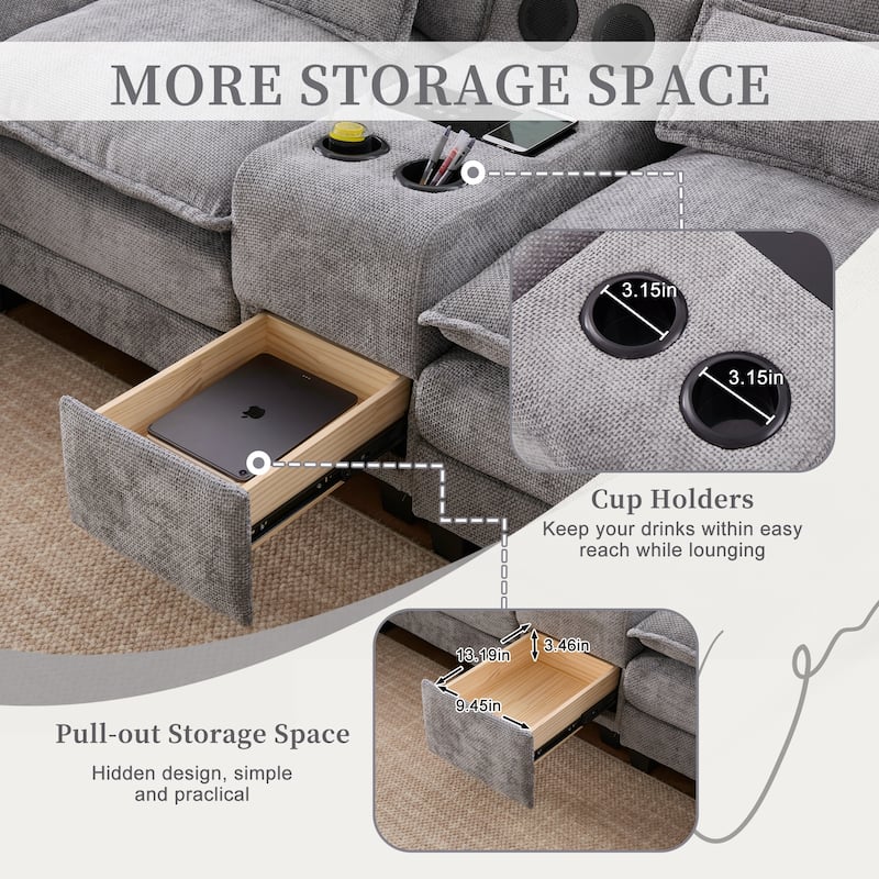 6-seat Chenille Upholstered Modern U-shaped Sectional Multifunctional Sofa with 2 Cup Holders,Pull-out Storage Space