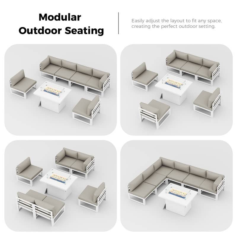 7 Piece Aluminum Patio Furniture Set with Fire Pit Propane/Natural Gas, 29 inch Deep Wide Seat Aluminum Outdoor Sectional