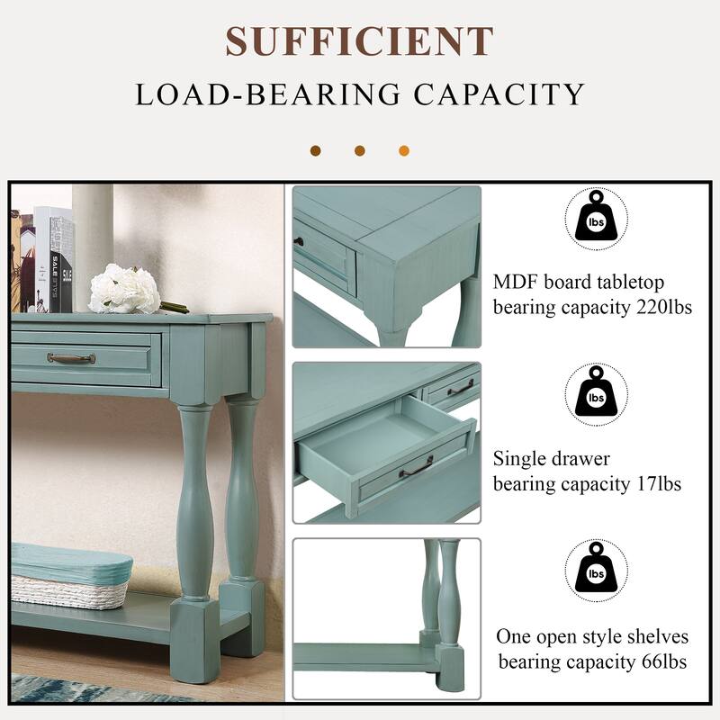 Retro Blue Pine Wood Console Table with 3 Drawers and 1 Bottom Shelf