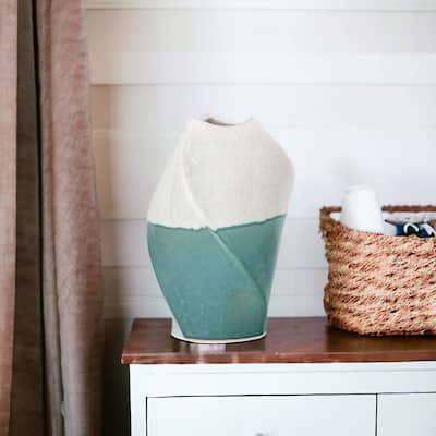 HomeRoots 12" Green and Ivory Ombre Ceramic Table Vase - 8