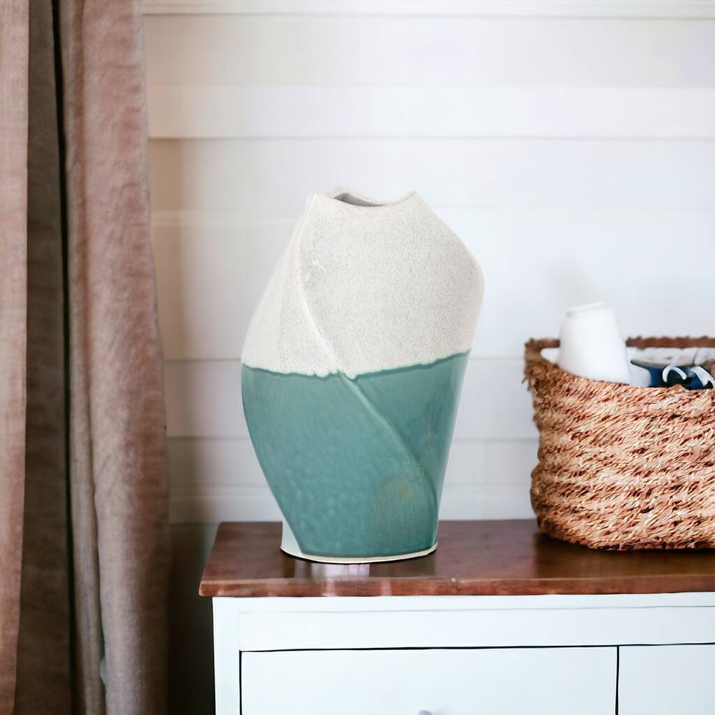 HomeRoots 12" Green and Ivory Ombre Ceramic Table Vase - 8