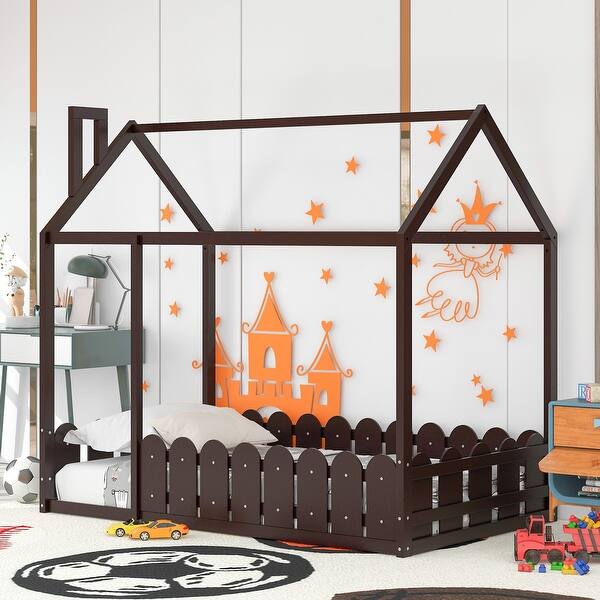 slide 2 of 27, Espresso Twin Size Wood House Bed Frame with Fence, No Slats Included Espresso - Twin