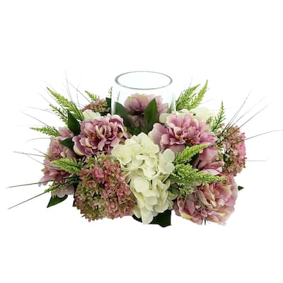 Peony and Hydrangea Glass Candle Holder Centerpiece
