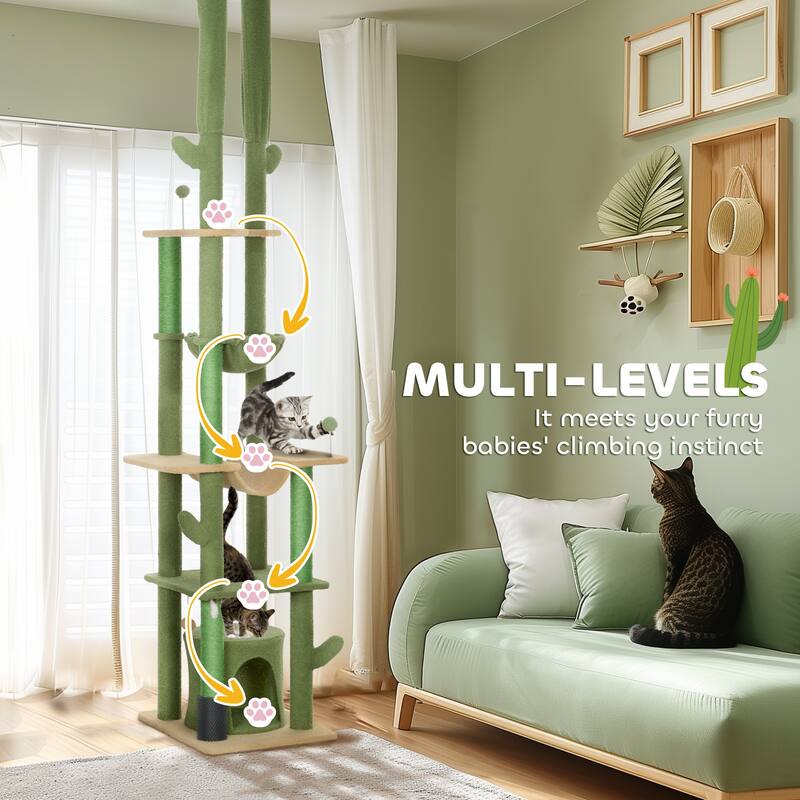 PawHut 89"-100" Floor to Ceiling Cat Tree w/ Grooming Brush Post, Green