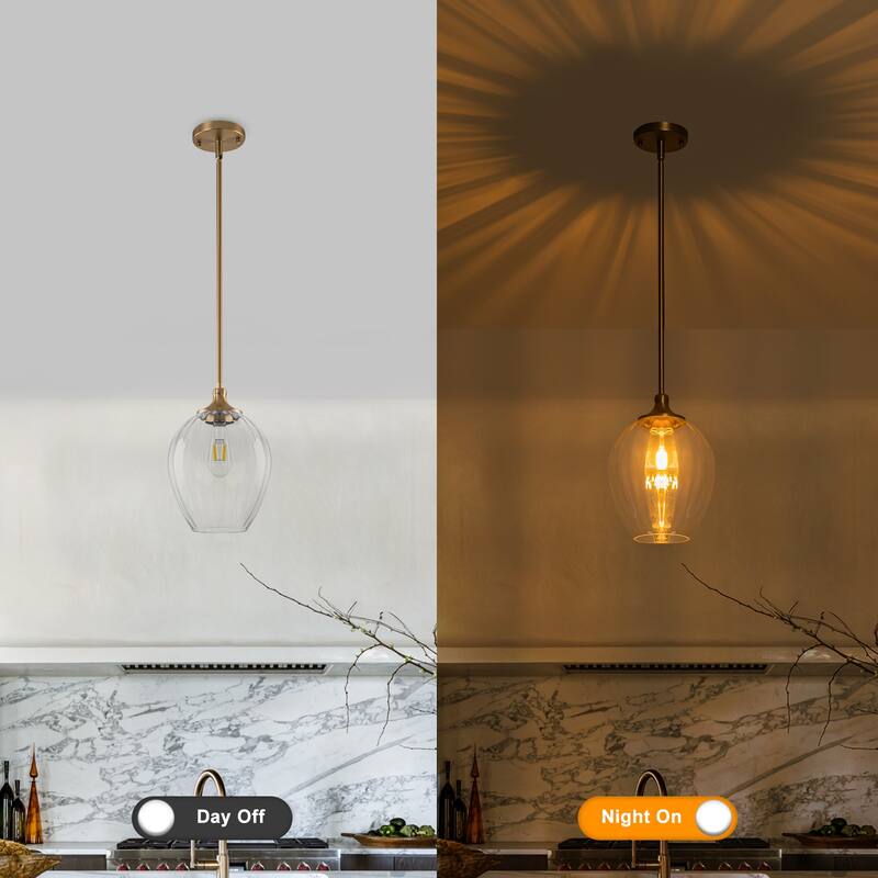 Modern Matte Brass Pendant Light Teardrop Ribbed Clear Glass Shade - Dia.9.06-in