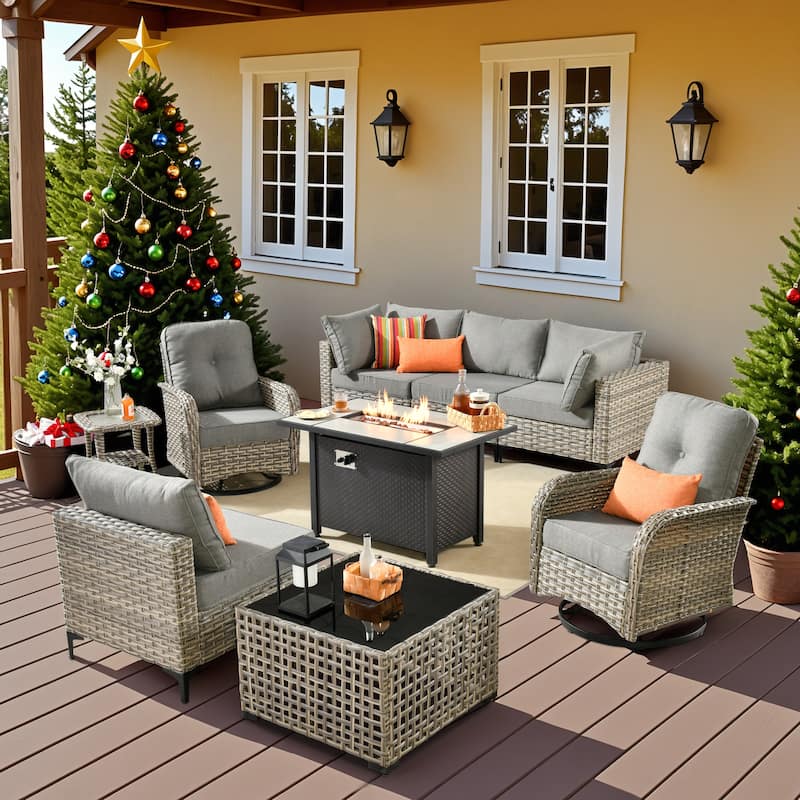 OVIOS 9 Pieces Outdoor Wicker Swivel Chair Set With Fire Table
