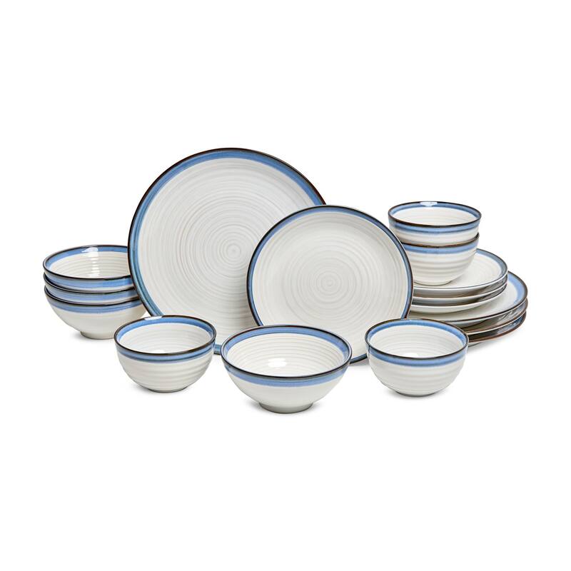 Sango Siterra Santorini 16-Piece White Stoneware Dinnerware Set - Service for 4, Plate & Bowl Set, Rustic White with Blue Glaze - White - 16 Piece