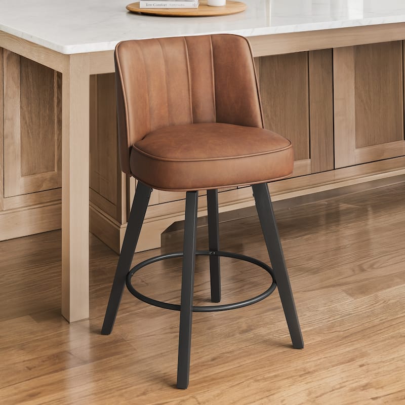26.in Swivel Bar stool PU Leather/Fabric Upholstered Counter Stool, High Back Armless Stool with Wooden Legs