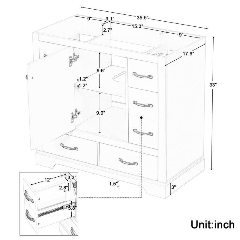 Freestanding Green Bathroom Cabinet Base - Ample Storage, Multi-Functional Drawers, Sink Not Included - 35.5in L