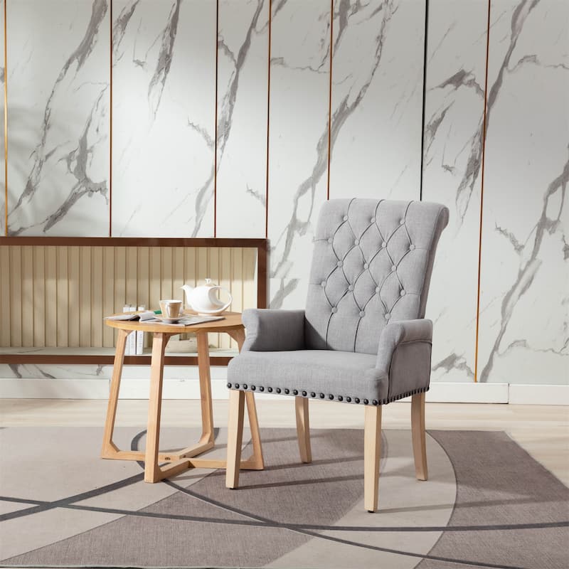 Fabric Upholstered High Back Arm Dining Chair with Oak Wood Legs