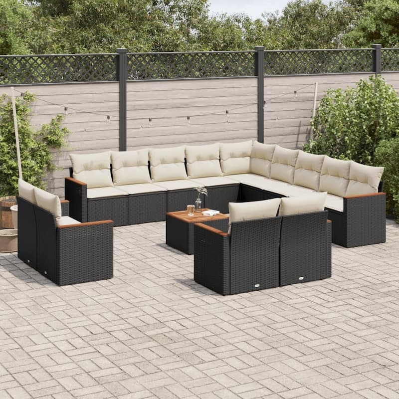vidaXL Patio Sofa Set with Cushions Outdoor Conversation Furniture Poly Rattan - 24.4 x 24.4 x 27.2 in - Black and cream with table