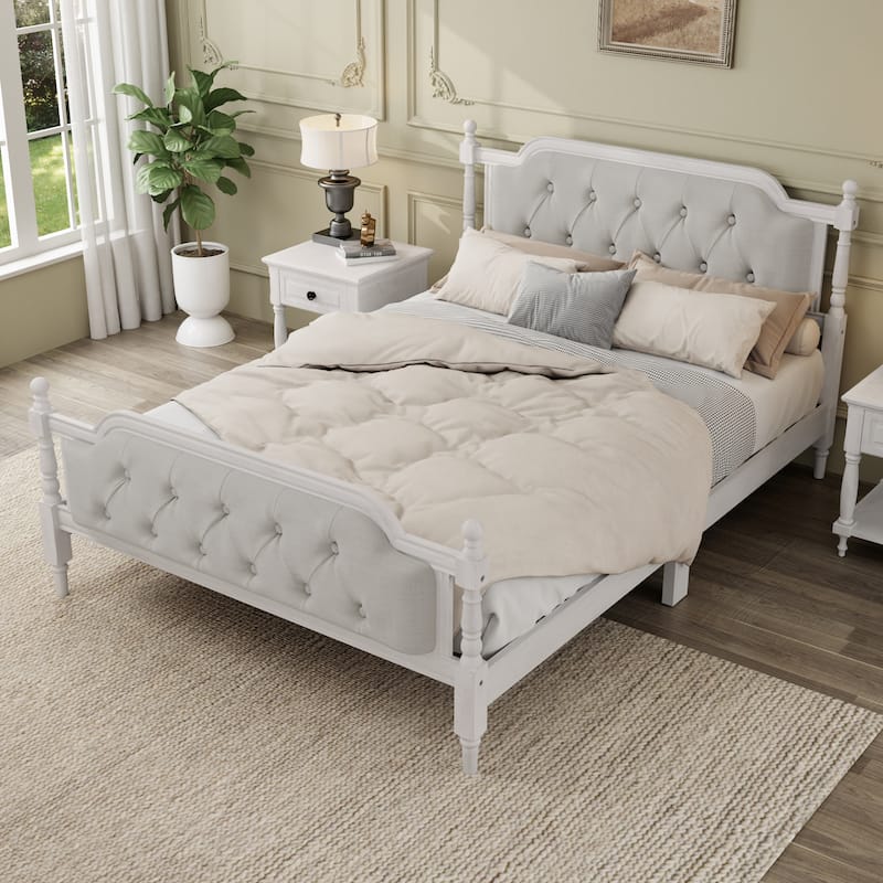 Full/ Queen/ King Size Traditional Style Solid Wood Bed Frame with Upholstered Button Tufted Headboard