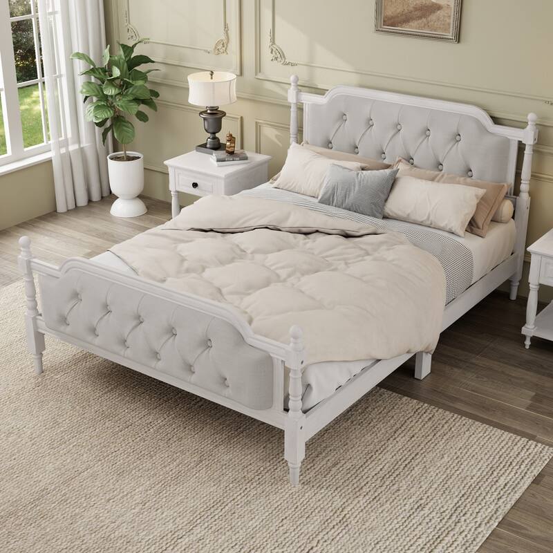 Wooden Platform Bed with Tufted Upholstered Headboard Footboard, No Box Spring Needed, Wood Slat Support Low Profile Bed - Antique White - Full