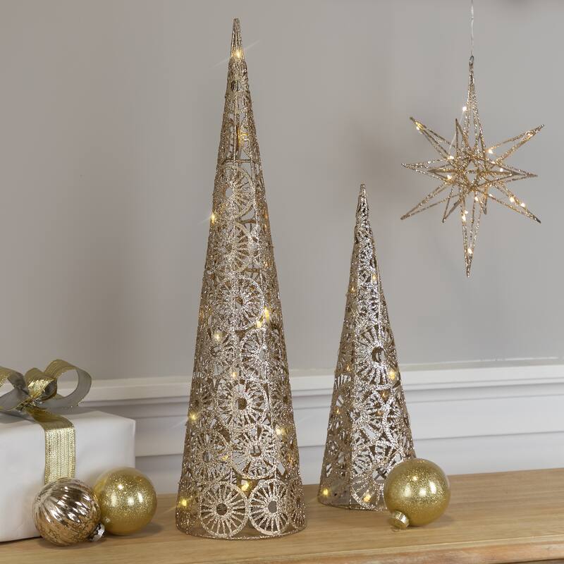 23.5" LED B/O Gold Glittered Wire Sunburst Cone Tree white Lights