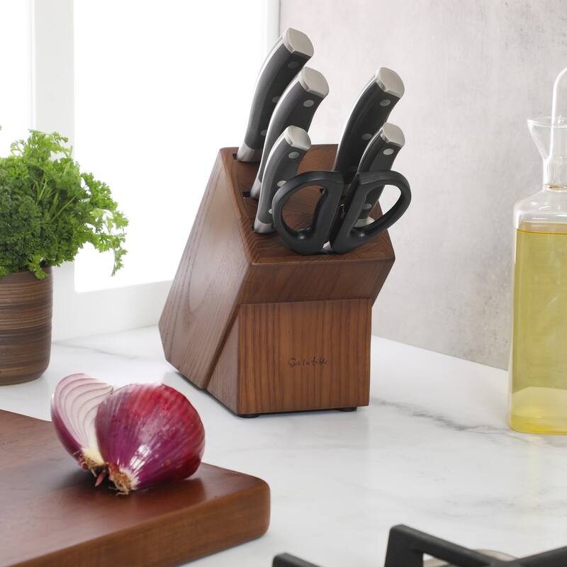 Sur La Table Kitchen Essentials High-Carbon German Steel 7 Piece Forged Cutlery Kitchen Knife Block Set W/ Ashwood Block
