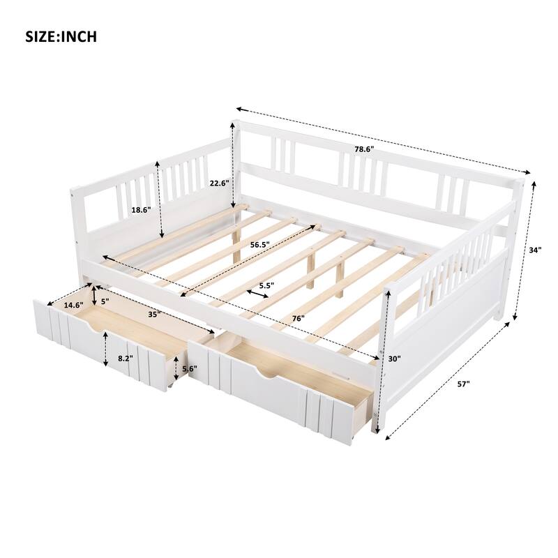 Daybed with Two Drawers, Solid Wood Frame, Guardrails, No Box Spring Needed