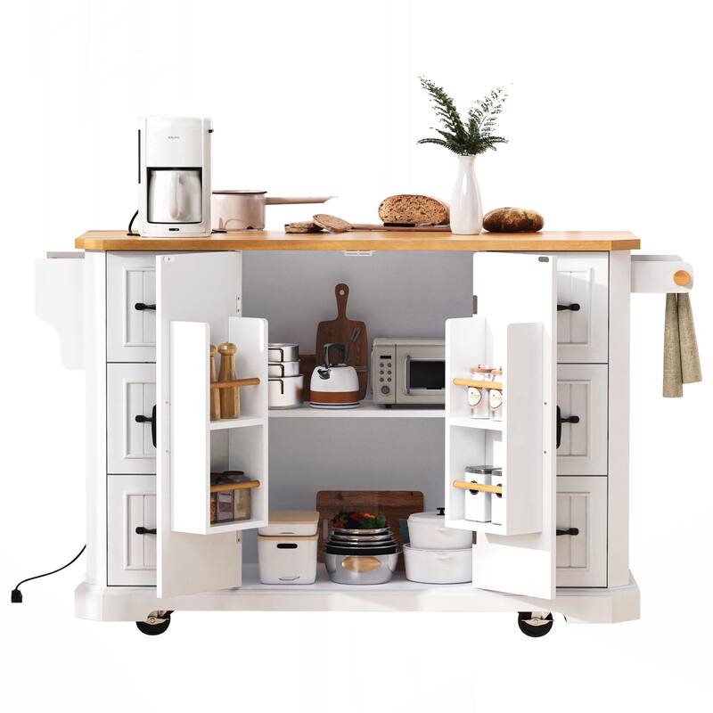 Kitchen Island with Rubber Wood Veneer Drop Leaf, Power Outlet, 4 Door Shelves