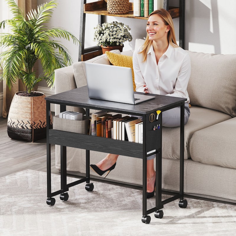 HOMCOM Small Folding Desk, Rolling Computer Desk Foldable with Storage Bag and Shelf, 31.5" Portable Writing Table on Wheels