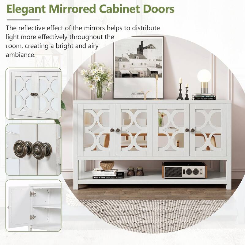Elegant Retro Console Table with Mirrored Doors, Spacious Shelves and Durable Acacia Wood Legs