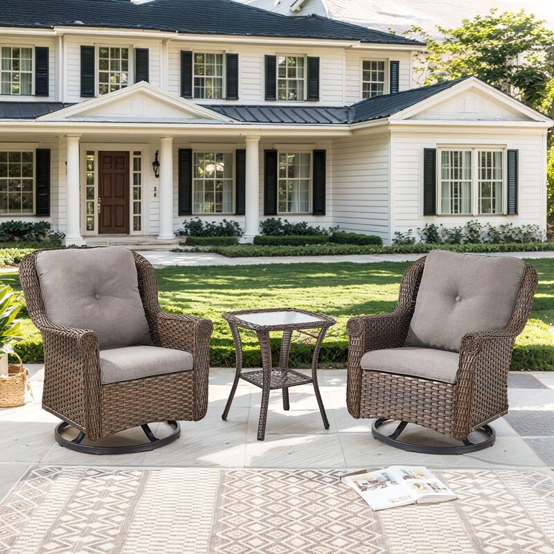 Pocassy Wicker Patio Conversation Set for Backyard - Grey Cushion - 3PCS Swivel Chairs with Side Table