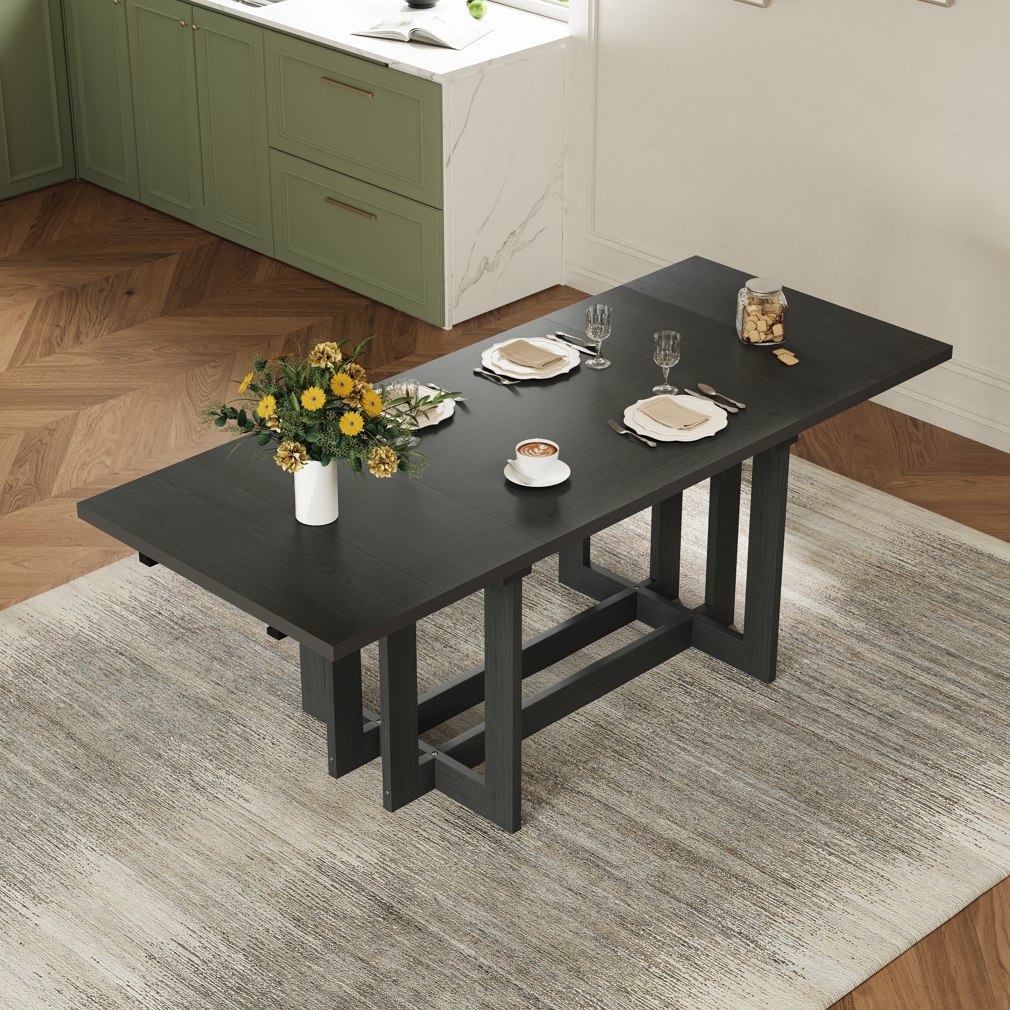 Rustic 82inch Extendable Dining Table, Trestle Kitchen Table With Two 12'' Removable Leaf