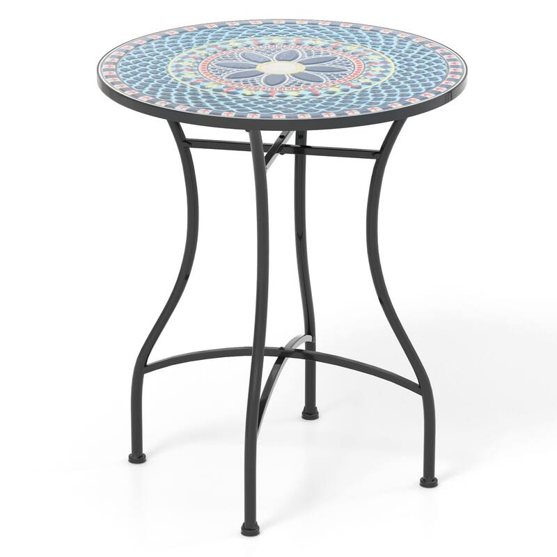 24" Mosaic Pattern Round Patio Bistro Table with Metal Frame and Concrete Top for Balcony or Yard - Design-A