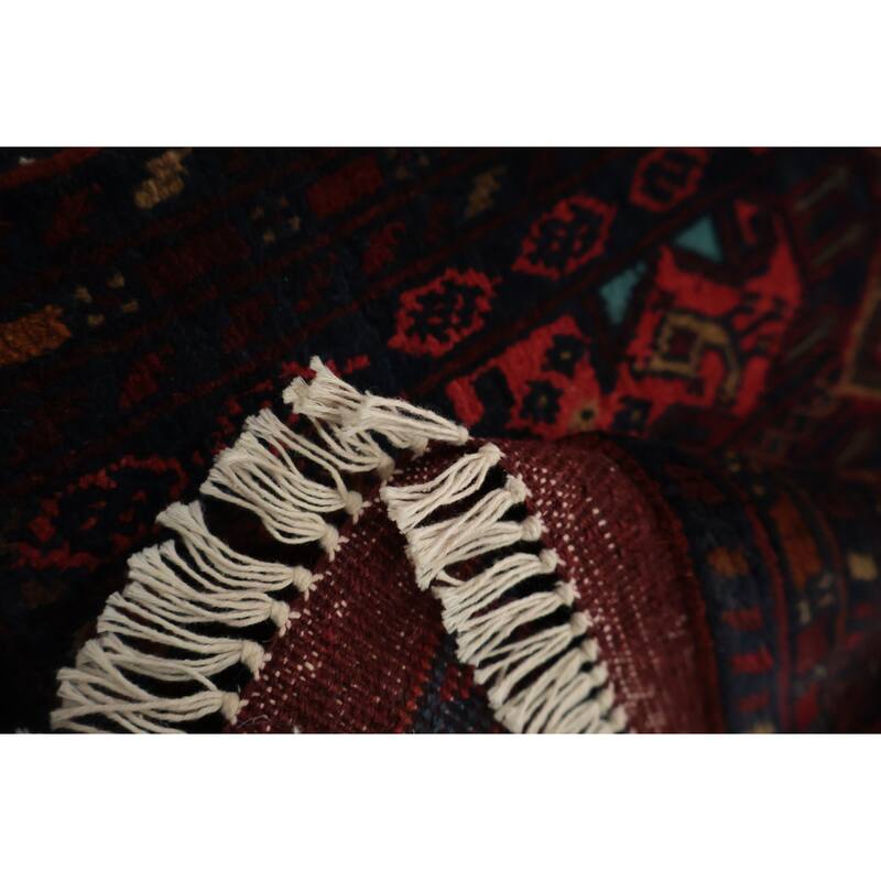Hand Knotted Oriental 100% Wool Carpet Traditional Geometric Red Balouch Area Rug - 3' 7'' X 1' 10''