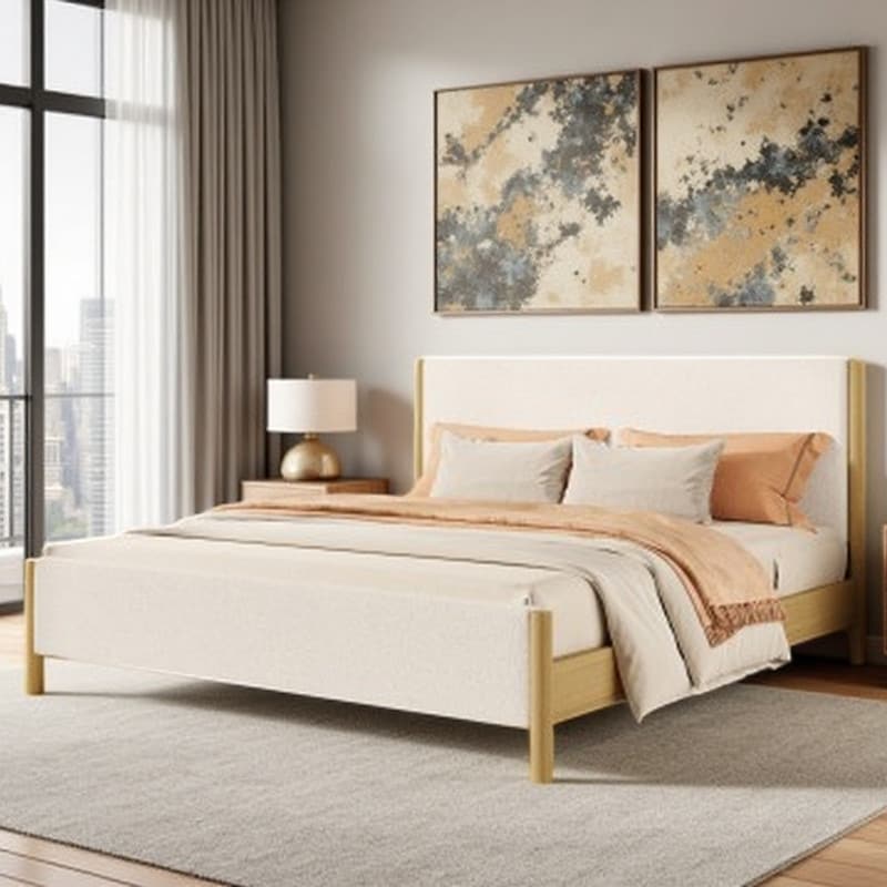 White Bouclé Upholstered Bed with Rubberwood Legs, Modern Platform Bed with Sturdy Wooden Frame Design
