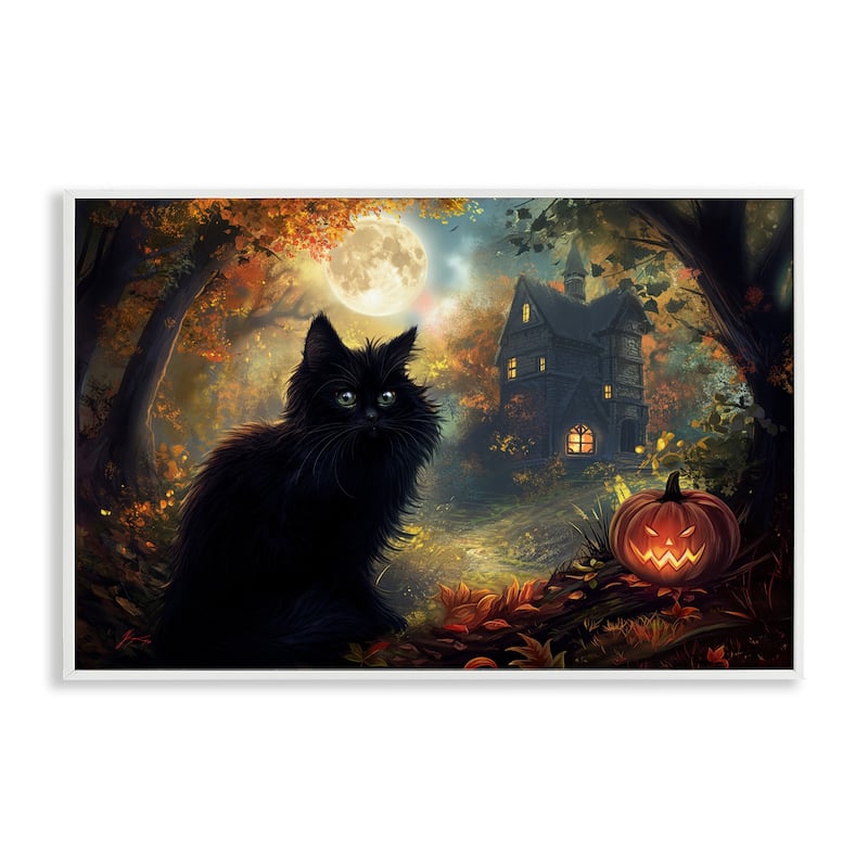 Stupell Black Cat & Haunted Mansion Framed Giclee Art Design By Wumples - 30 x 20 - White