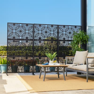 Glitzhome 6ft Galvanized Floral Patterned 3-Panel Privacy Screen Room Divider Fences